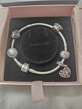 Pandora Silver Charm Bracelet with Pink-Accented Heart Dangle